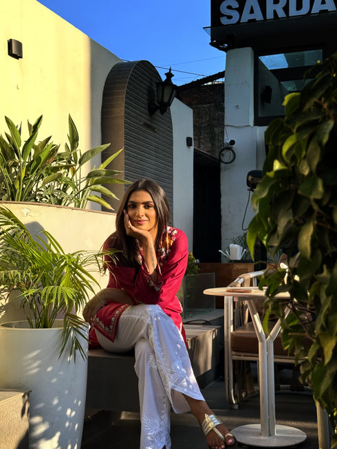 Aditi in Kashmiri Aari Work Cotton Short Kurta – Maroon